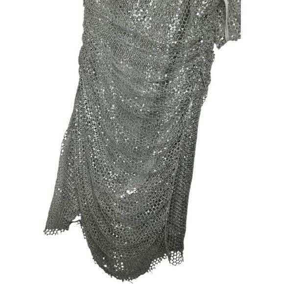 Maeve Reilly x BCBGMAZAZRIA Silver Asymmetrical Mini Dress Size 0 Puff Sleeve - Picture 5 of 12